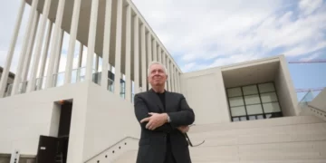 Architect David Alan Chipperfield poses outside of the James-Simon-Galerie at the 'Museumsinsel',